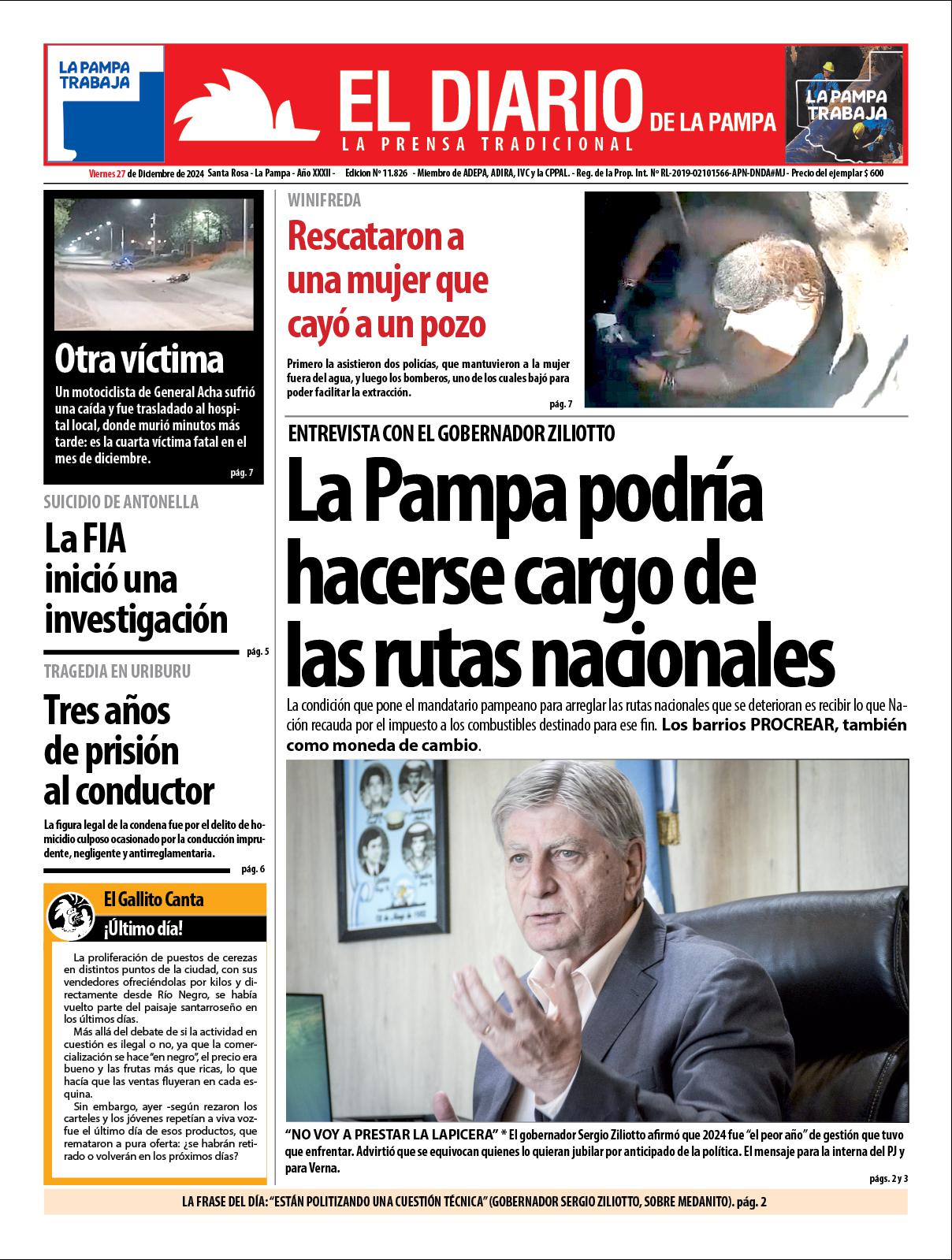 Tapa de El Diario en papel  viernes 27 de diciembre de 2024